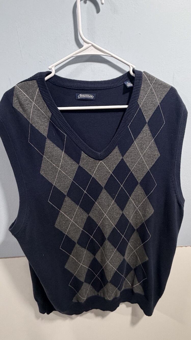 Vintage Consensus Sportswear Golf Sweater Vest Blue Gray Diamond V-neck Size L